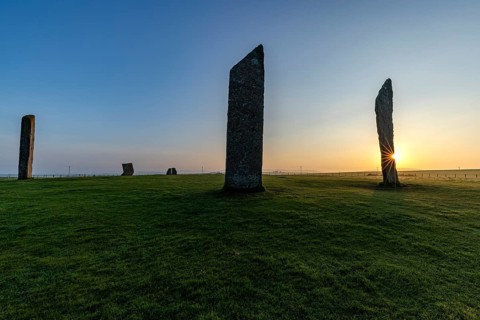 Stones of Stenness Circle and Henge at sunrise, stone circle and henge, Neolithic monument, UNESCO