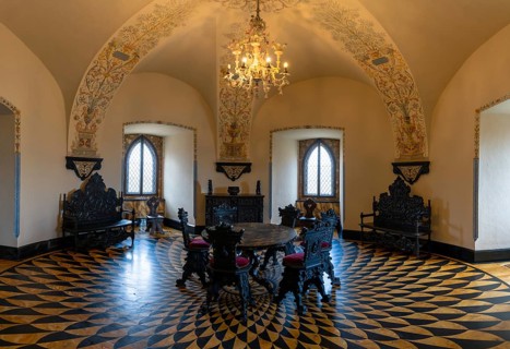 Bojnice, Slovakia, 26 September, 2022: view of the historic Marble Hall in the tower of Bojnice