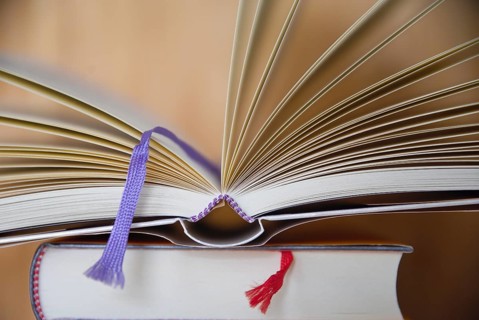 Fabric ribbon as bookmark - open book with bookmark ribbon, close-up