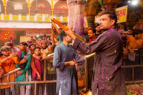 Holi Festival of Colors in Shri Krishna Temple in Mathura, India, Asia