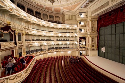 Semperoper, Dresden, Saxony, Germany, Europe, Magnificent interior of a historic theatre with red