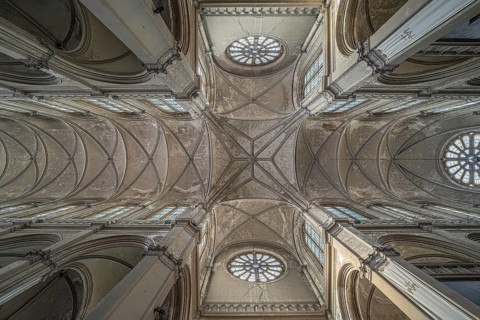 Brussels City Center, Brussels Capital Region, Belgium, 06 20 2020 View of the decorated ceiling of