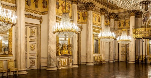 Turin, Italy, Circa January 2022: romantic old ballroom interior in Royal Palace, 1842, Europe
