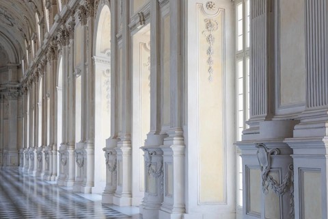 Venaria Reale, Italy, 16 July 2023: luxury gallery perspective, decorative marble, indoor, nobody,