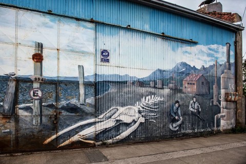 Mural with humpback whale skeleton on the beach, Punta Arenas, Chile, South America