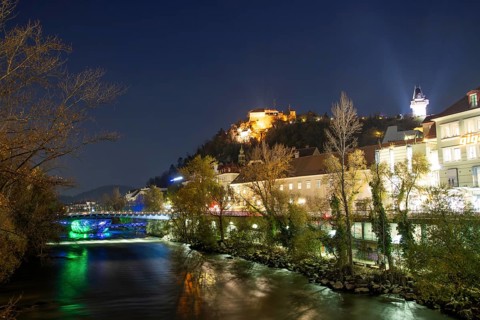 Murinsel and Schlossberg with clock tower, night shot, Graz, Styria, Austria, Europe
