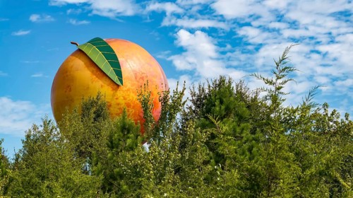 The Peachoid, a 135-foot water tower in Gaffney, SC, resembles a peach and holds 1 million gallons.