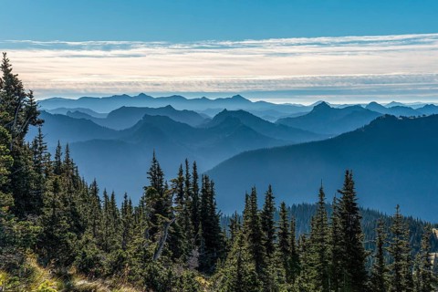 Great view over the Rockies mountain range from Mt Rainier NP, USA, North America