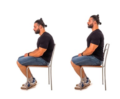 Collage of muscular bearded male with stooped and straight back while sitting on chair, isolated on