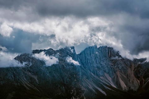 Panoramic view of the Rosengarten group, mountains in the Dolomites in Italy