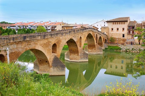 Puente de la Reina in Saint James Way bridge over Arga River in Pamplona