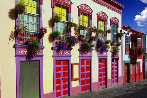 Santa Cruz de La Palma colonial flowers house facades in canary Islands