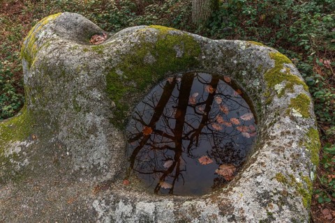 Celtic rock, rock with cups on the rock trail. Dieffenthal, Bas-Rhin, Alsace, Grand Est, France,
