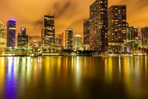 Night light view of Miami downtown buildings in Florida