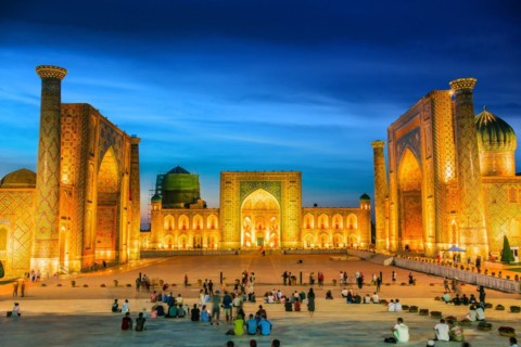 SAMARKAND, UZBEKISTAN - MAY 8, 2019: Registan, an old public square in the heart of the ancient