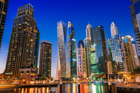 DUBAI, UNITED ARAB EMIRATES - FEB 5, 2019: Modern residential architecture of Dubai Marina, United