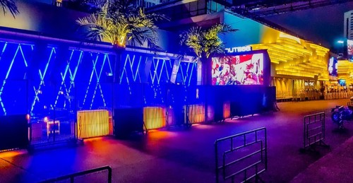 Nightlife and colorful lights at Route 66 Bar in Bangkok Thailand
