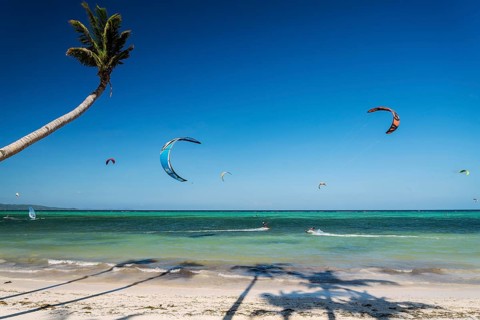 Famous bolabog kite surfing beach in exotic tropical paradise boracay island philippines