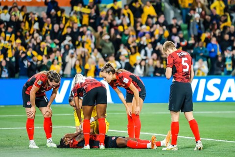 MELBOURNE, AUSTRALIA, JULY 31: Jayde RIVIERE of Canada goes down injured as Australia plays Canada