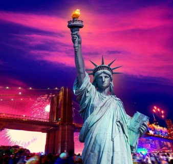 Liberty Statue and Brooklyn bridge on july 4 th fireworks New York America photomount