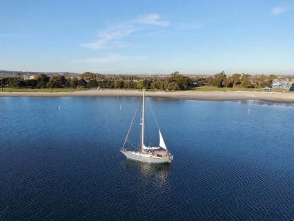 Aerial view of small sail boats in the Mission Bay of San Diego, California, USA. Small sailing