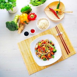 Sweet and sour chicken with rice and vegetables