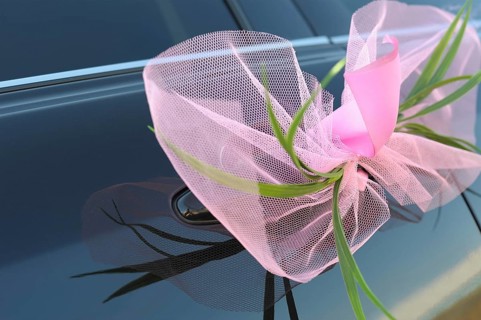 A wedding pink bow on a car door