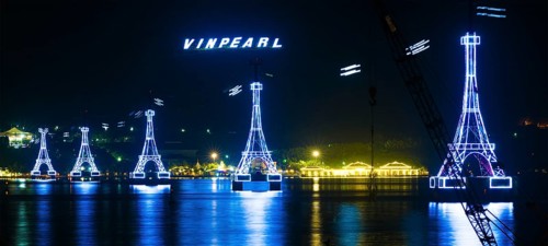 NHA TRANG, VIETNAM - JANUARY 4, 2016: A night view at illuminated supports of cableway to Vinpearl,