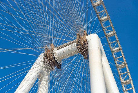 A close-up picture of the Ain Dubai ferris wheel mechanism