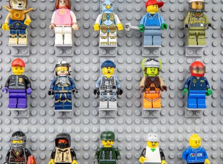 Nova Bana, Slovakia, November, 5, 2023 : Lego mini figures on the wall. LEGO® Minifigures on Lego