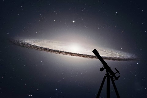 Space background with silhouette of telescope. Sombrero Galaxy M104 in constellation Virgo.