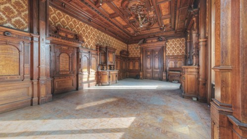 Historic interior with elaborate wood panelling and ceiling carvings, Villa Woodstock, Lost Place,