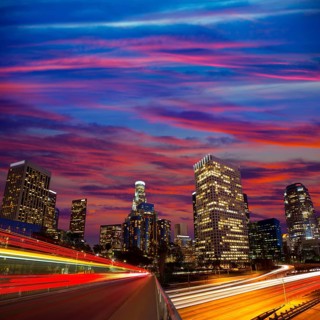Downtown LA night Los Angeles sunset skyline California from 110 freeway