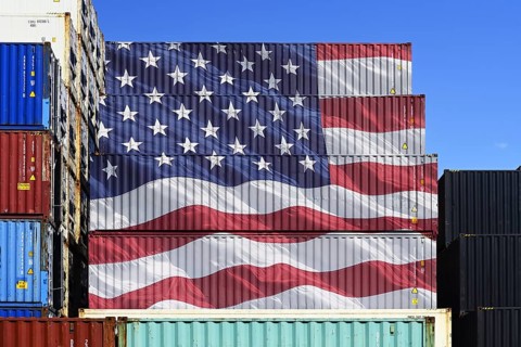 Stacked containers with US flag, photomontage