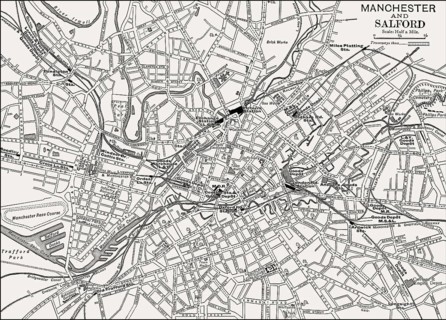 Map of Manchester and Salford, England, UK, 19th century
