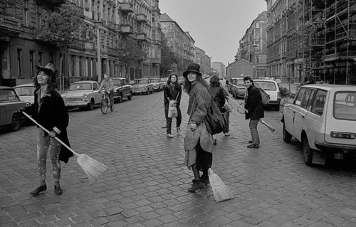 GDR, Berlin, 30.04.1990, Witches with brooms in Wörther Strasse, on the way to the water tower,
