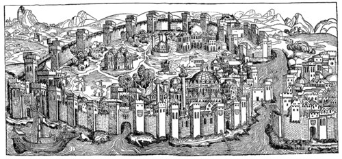 Panoramic view of Konstantinopel, Istanbul, Turkey, Europe, Historische Zeichnung, Stadtansicht aus