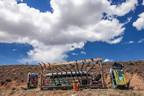 Scrap cars decorated with graffiti in the Carforest of Goldfield, Nevada, USA, North America