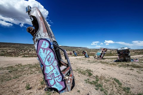Scrap cars decorated with graffiti in the Carforest of Goldfield, Nevada, USA, North America