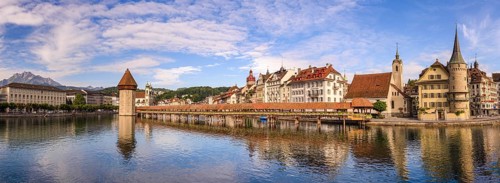 Lucerne panorama city skyline and Chapel Bridge, Lucerne (Luzern), Switzerland, Europe