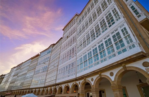 La Coruna facades near Port in Galicia of Spain