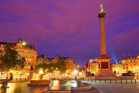 London Trafalgar Square sunset Nelson column in England