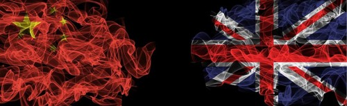 Flags of China and United Kingdom on Black background, China vs United Kingdom Smoke Flags