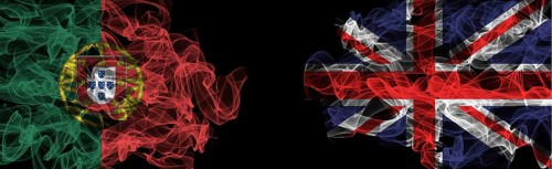 Flags of Portugal and United Kingdom on Black background, Portugal vs United Kingdom Smoke Flags