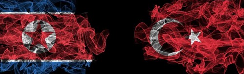 Flags of North Korea and Turkey on Black background, North Korea vs Turkey Smoke Flags