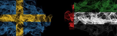 Flags of Sweden and UAE on Black background, Sweden vs United Arab Emirates Smoke Flags