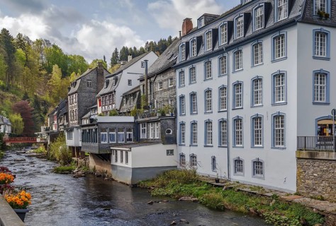 Historical houses along the Rur River in the historic center of Monschau, Germany, Europe