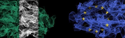 Flags of Nigeria and EU on Black background, Nigeria vs Europe Union Smoke Flags
