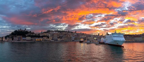 Ancona, Italy, 24 November, 2022: panorama view of the old town and harbor of Ancona with a large