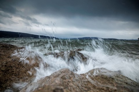 Stormy sea with powerful waves crashing against rocky shore, harbour, Mittelzell, Reichenau, Lake